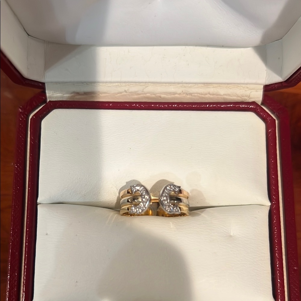 18 K 3 Tone Cartier Gold and Silver Heart Ring with Sparkling Diamonds Size 51